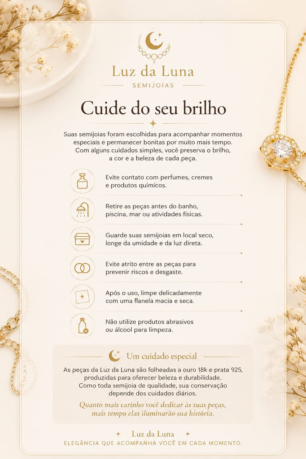 Guia de cuidados com semijoias Luz da Luna