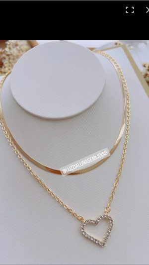 Colar Duplo Folheado a Ouro Coração Strass